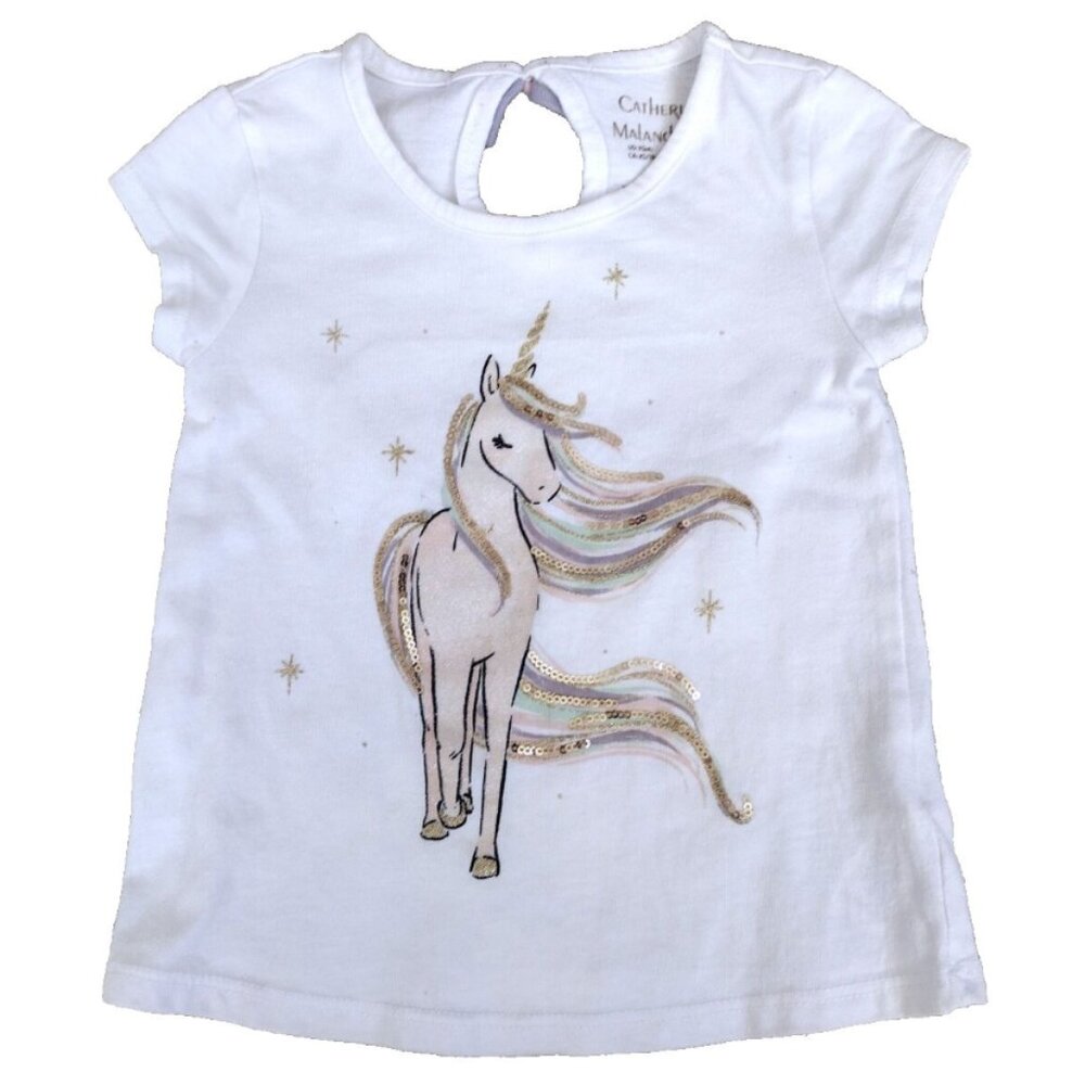 Catherine Malandrino Girls T4 Glitter Sequin Unicorn 3-4 Years White Top Tshirt